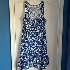 Lilly Pulitzer Blue and White Printed Sleeveless Dress with Ruffle Hem
